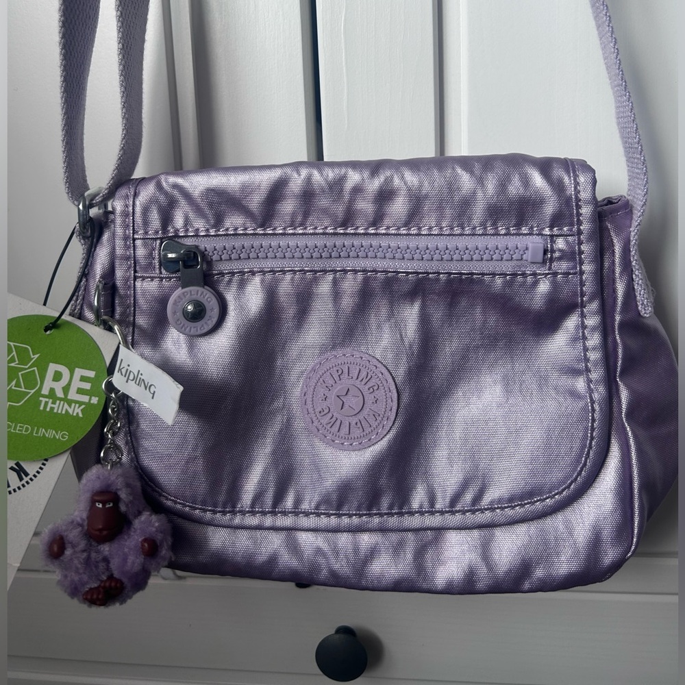 Kipling Metallic Lavender Crossbody Bag with Monkey Charm